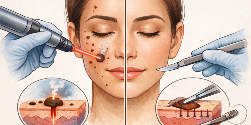 Ben (nevüs) alımı yöntemleri: lazerle ben alımı ve cerrahi ben alımının illüstratif karşılaştırması